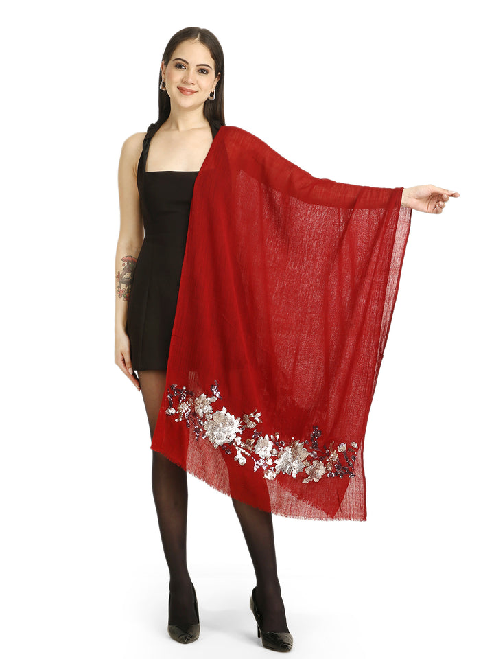 Red Floral Sequins Fine Wool Stole - 415