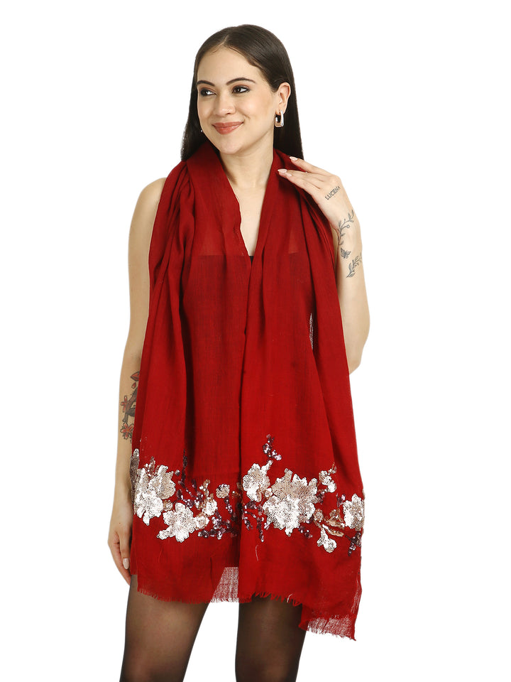 Red Floral Sequins Fine Wool Stole - 415