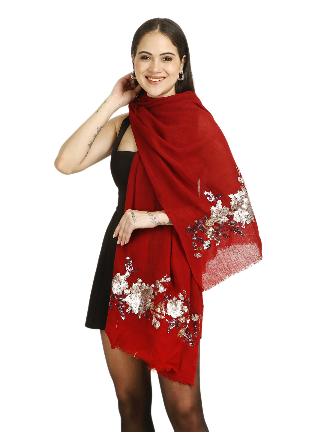 Red Floral Sequins Fine Wool Stole - 415
