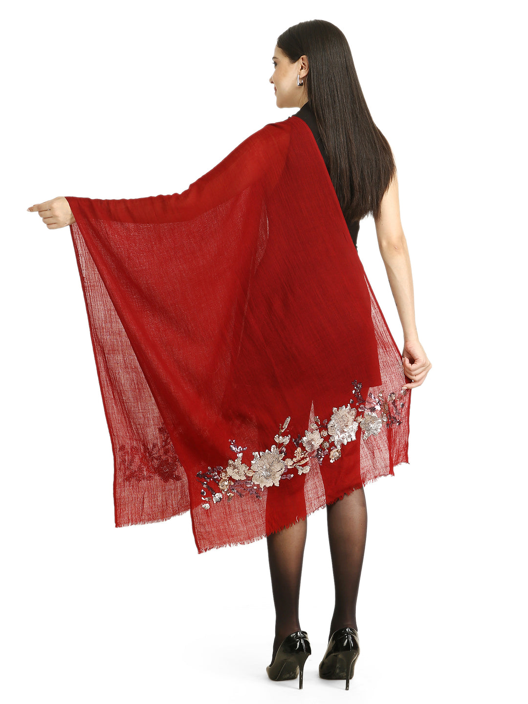 Red Floral Sequins Fine Wool Stole - 415