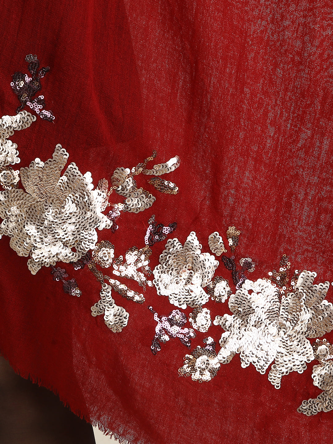 Red Floral Sequins Fine Wool Stole - 415