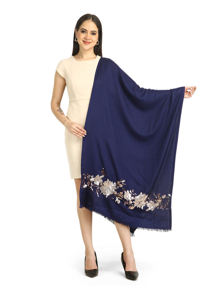 Navy Blue Floral Sequins Fine Wool Stole - 416