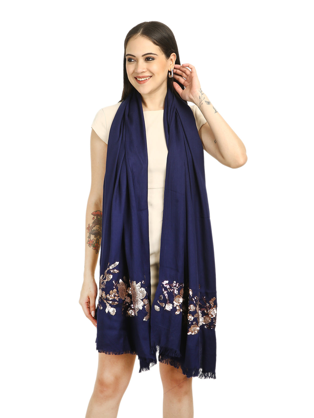 Navy Blue Floral Sequins Fine Wool Stole - 416