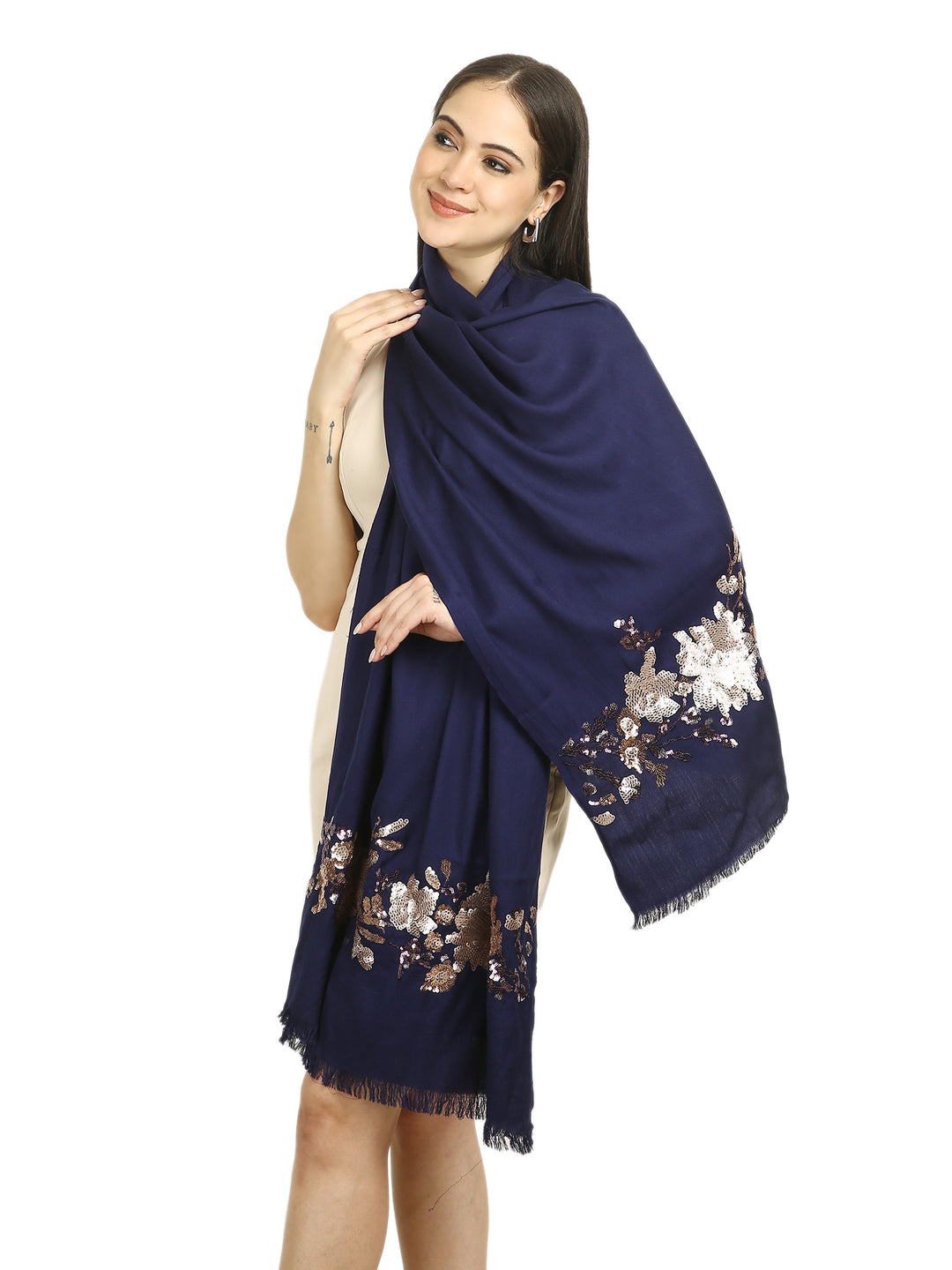 Navy Blue Floral Sequins Fine Wool Stole - 416