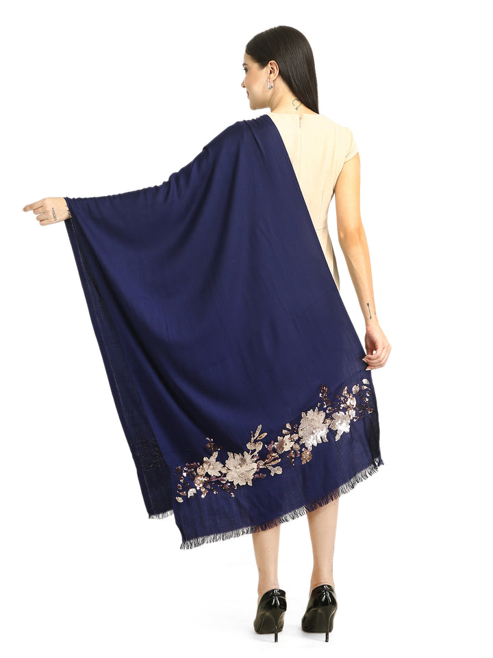 Navy Blue Floral Sequins Fine Wool Stole - 416