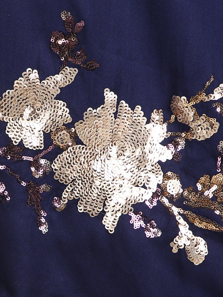 Navy Blue Floral Sequins Fine Wool Stole - 416