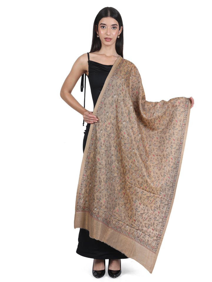 Beige Multicolor Kani Sozni Embroidered 100% Fine Wool Stole - 417