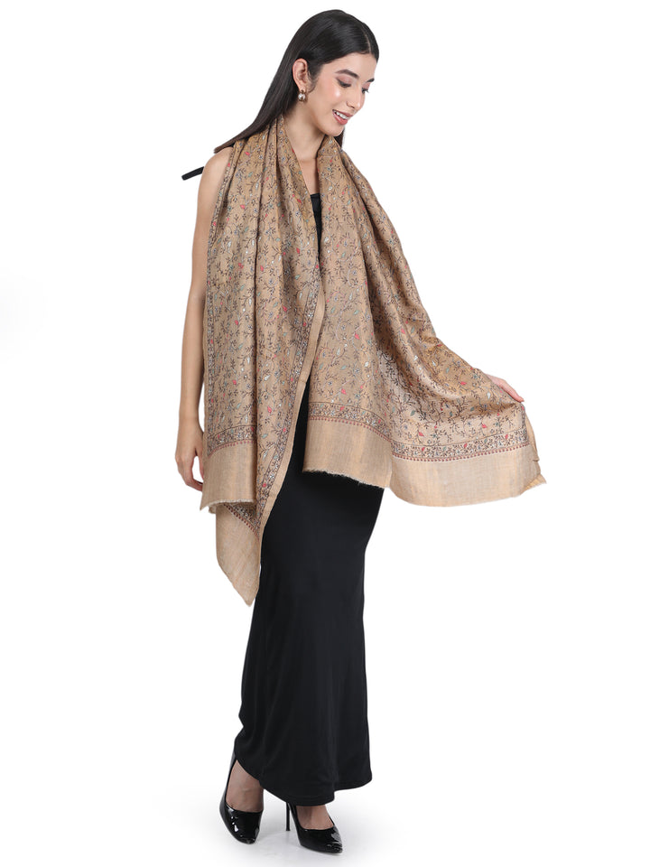 Beige Multicolor Kani Sozni Embroidered 100% Fine Wool Stole - 417