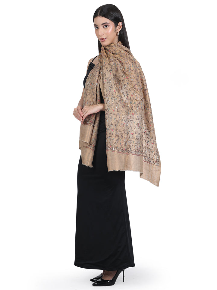 Beige Multicolor Kani Sozni Embroidered 100% Fine Wool Stole - 417