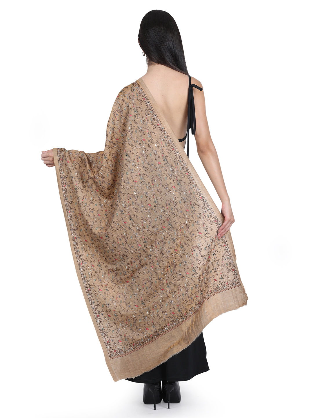 Beige Multicolor Kani Sozni Embroidered 100% Fine Wool Stole - 417