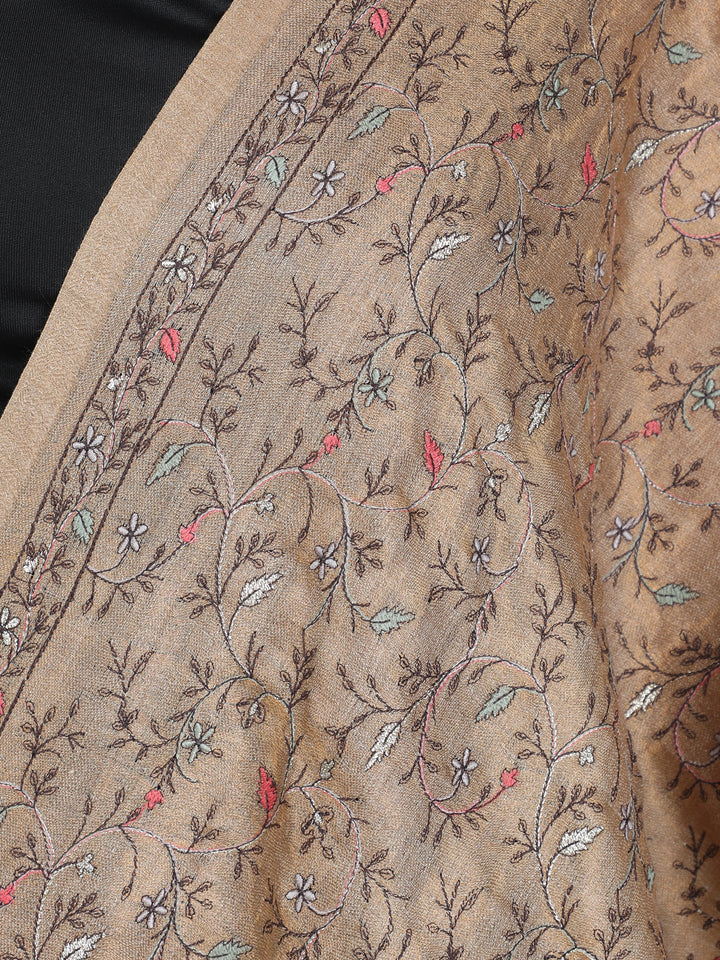 Beige Multicolor Kani Sozni Embroidered 100% Fine Wool Stole - 417