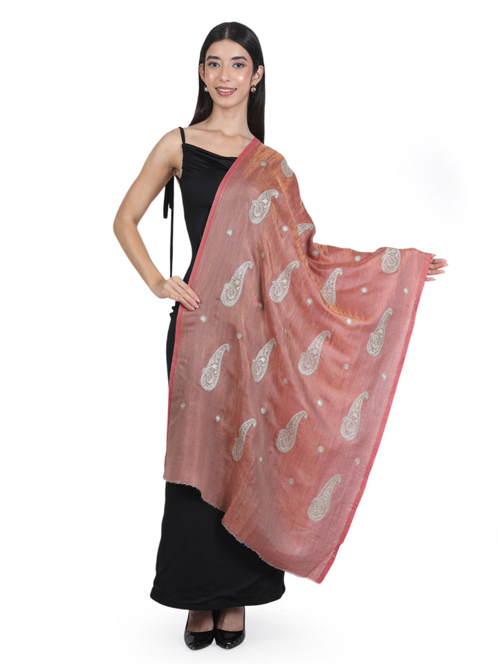 Pink Paisley Booti Embroidery 100% Fine Wool Stole- 418