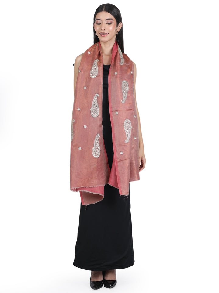 Pink Paisley Booti Embroidery 100% Fine Wool Stole- 418