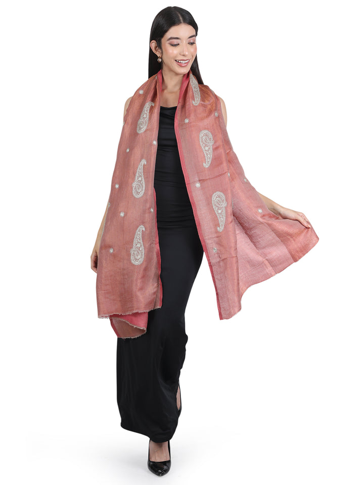 Pink Paisley Booti Embroidery 100% Fine Wool Stole- 418