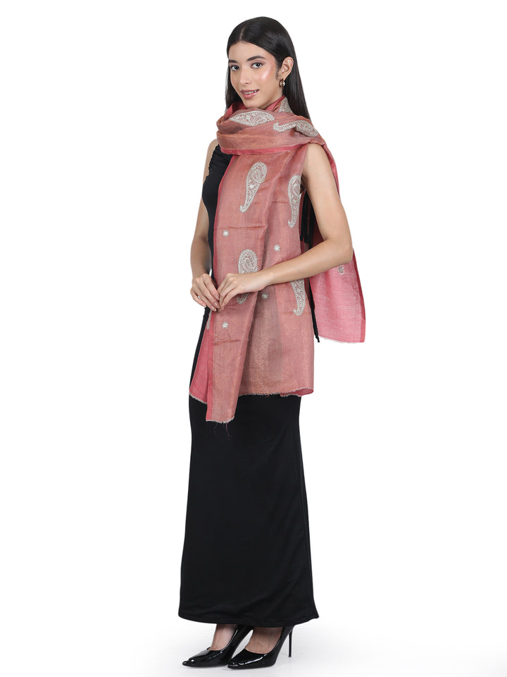 Pink Paisley Booti Embroidery 100% Fine Wool Stole- 418