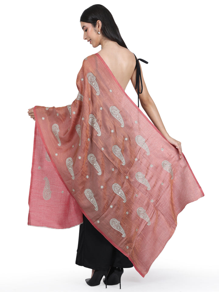 Pink Paisley Booti Embroidery 100% Fine Wool Stole- 418