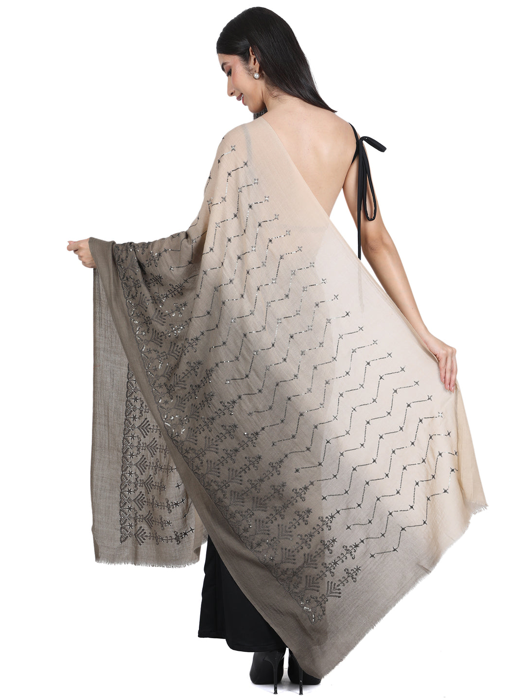 Beige Grey Ombre Sequin 100% Fine Wool Stole - 422