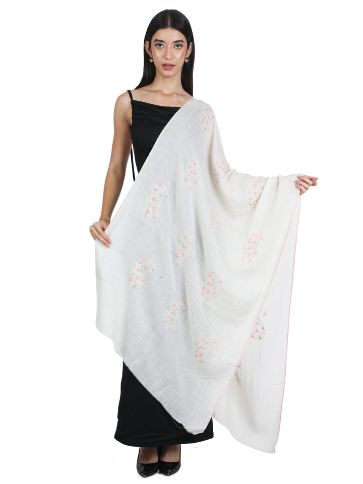 Ivory Floral Embroidery 100% Fine Wool Stole - 423