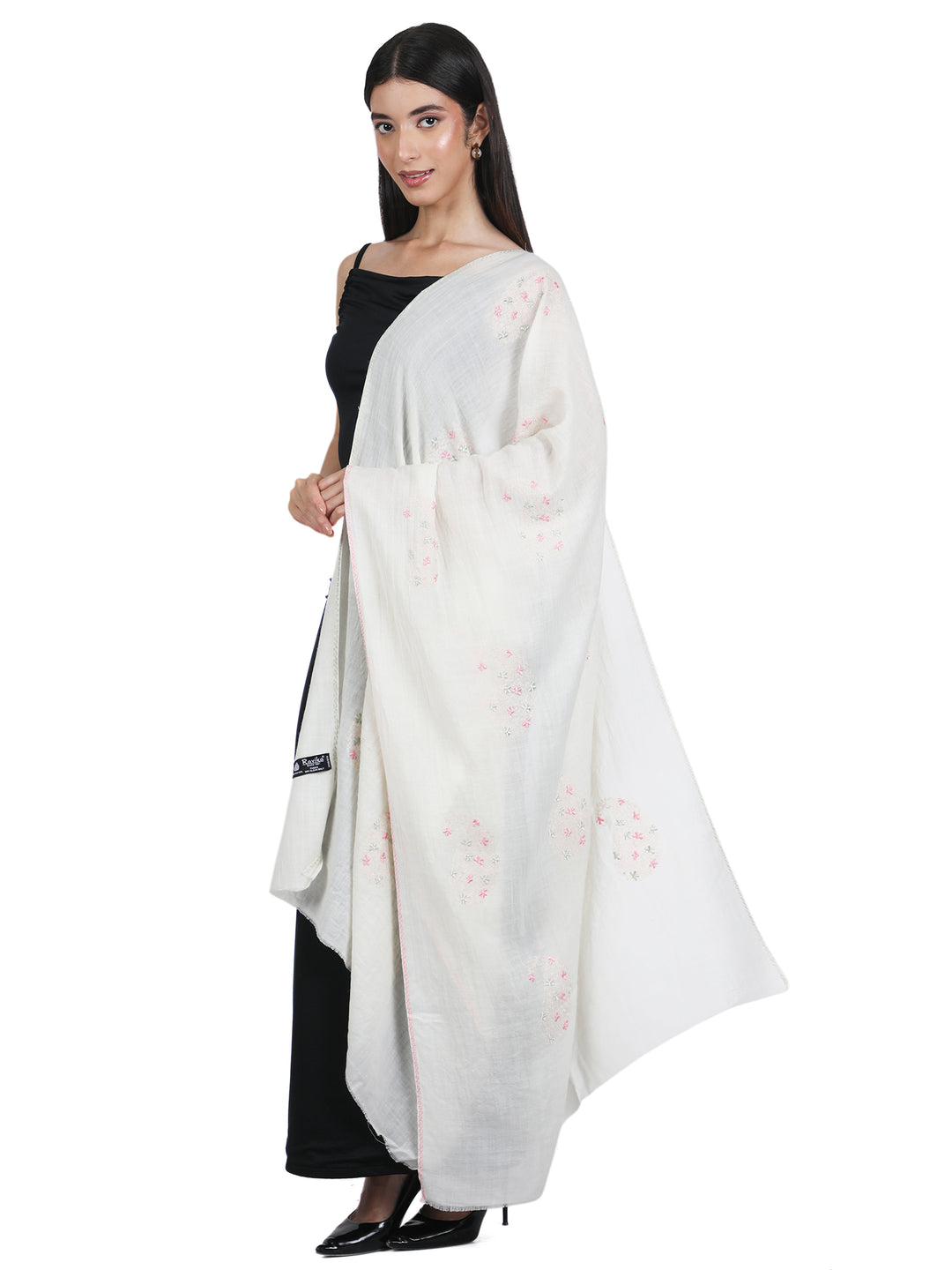 Ivory Floral Embroidery 100% Fine Wool Stole - 423