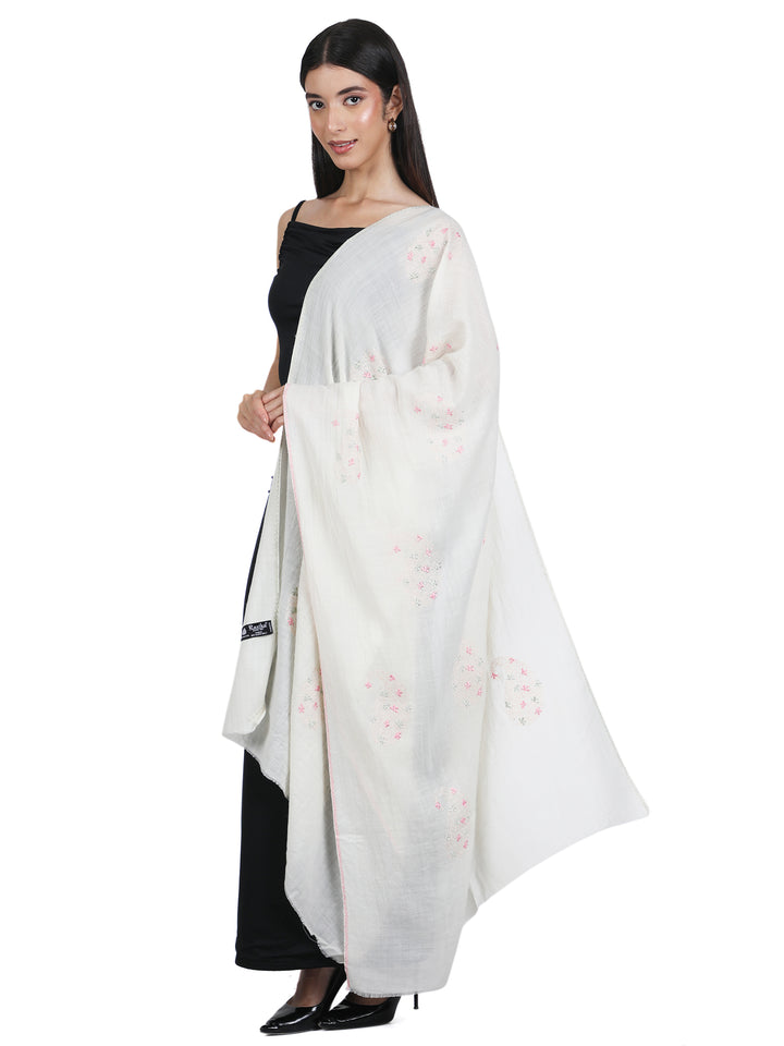 Ivory Floral Embroidery 100% Fine Wool Stole - 423