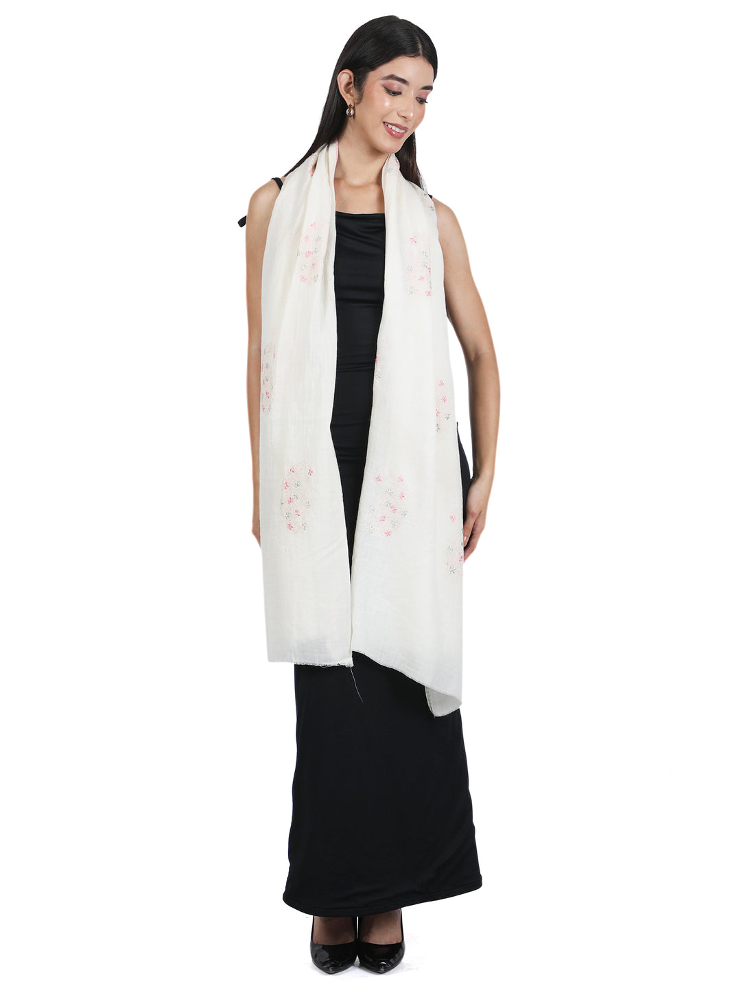 Ivory Floral Embroidery 100% Fine Wool Stole - 423