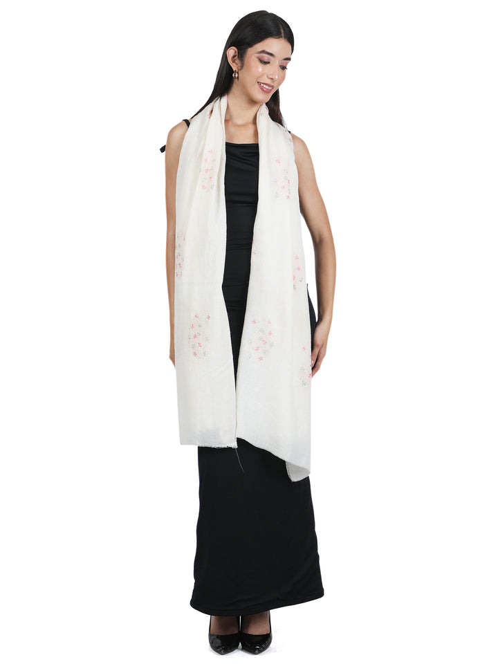 Ivory Floral Embroidery 100% Fine Wool Stole - 423