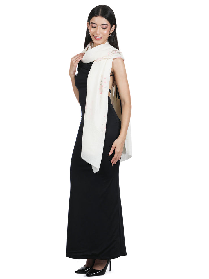 Ivory Floral Embroidery 100% Fine Wool Stole - 423