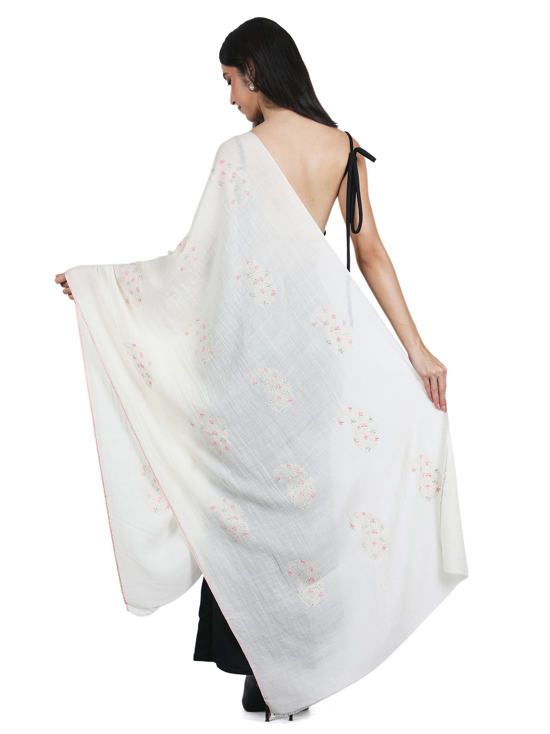 Ivory Floral Embroidery 100% Fine Wool Stole - 423
