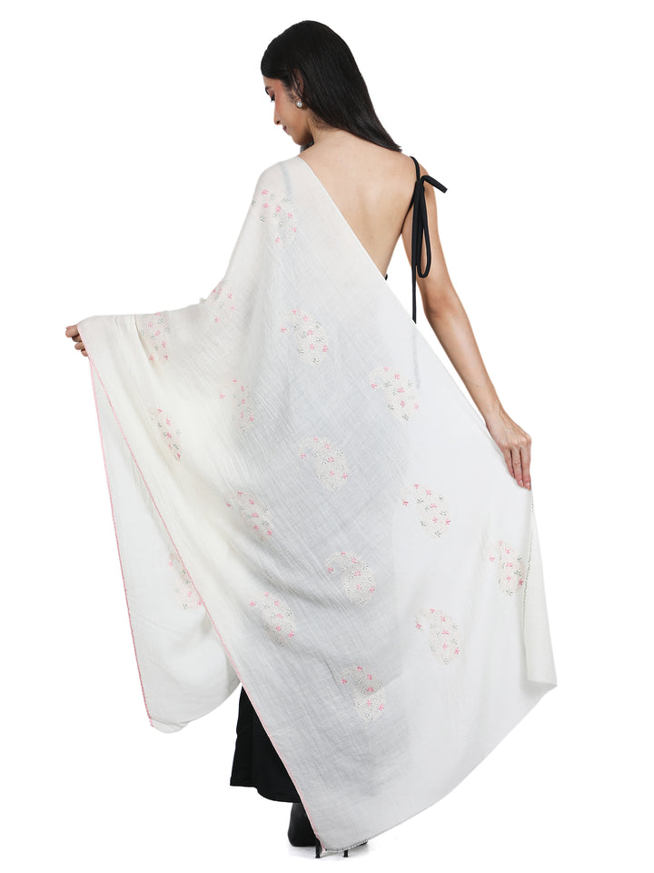Ivory Floral Embroidery 100% Fine Wool Stole - 423