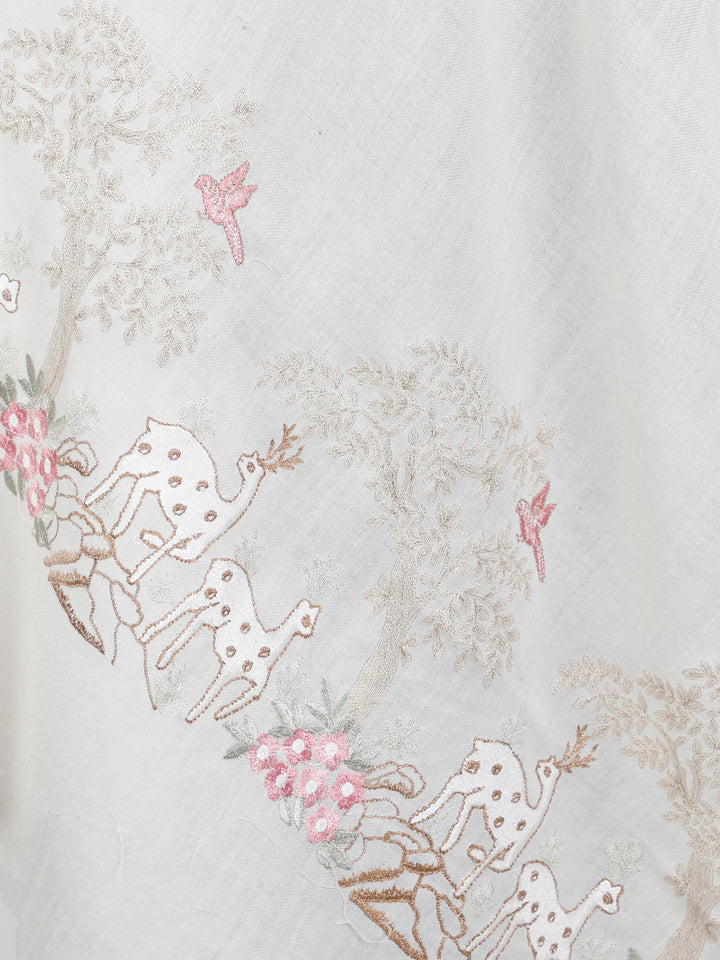 Ivory Deer & Tree Embroidered 100% Fine Wool Stole- 425