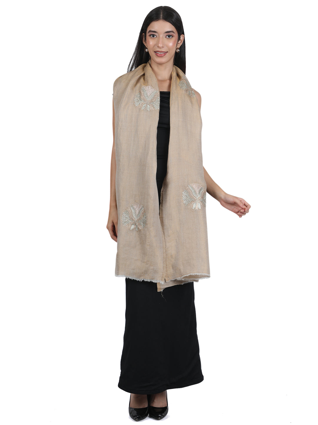 Camel Embroidered Medallion 100% Fine Wool Stole - 426