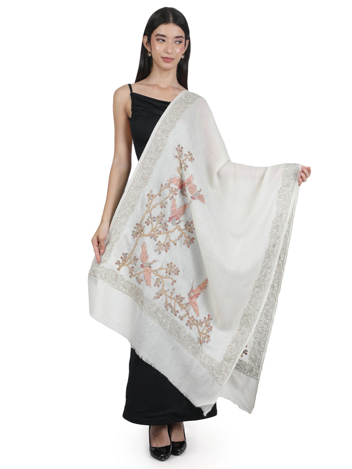 Ivory Bird & Branch Embroidered 100% Fine Wool Stole- 427