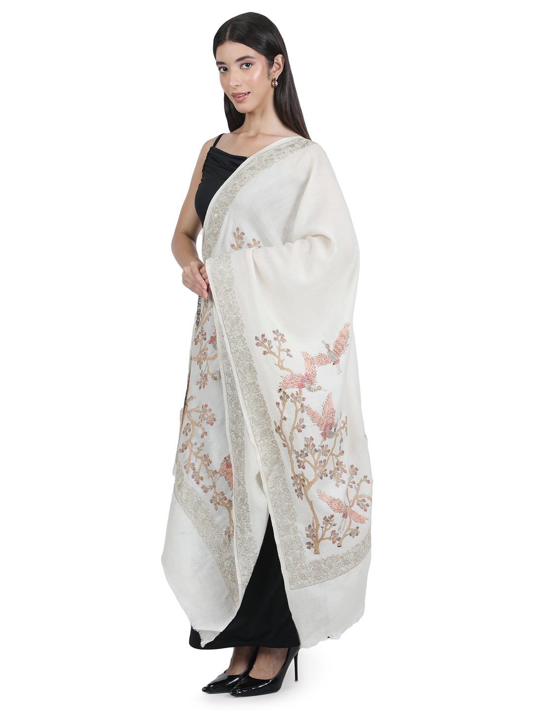 Ivory Bird & Branch Embroidered 100% Fine Wool Stole- 427