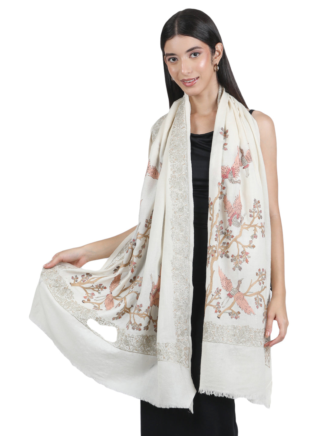 Ivory Bird & Branch Embroidered 100% Fine Wool Stole- 427