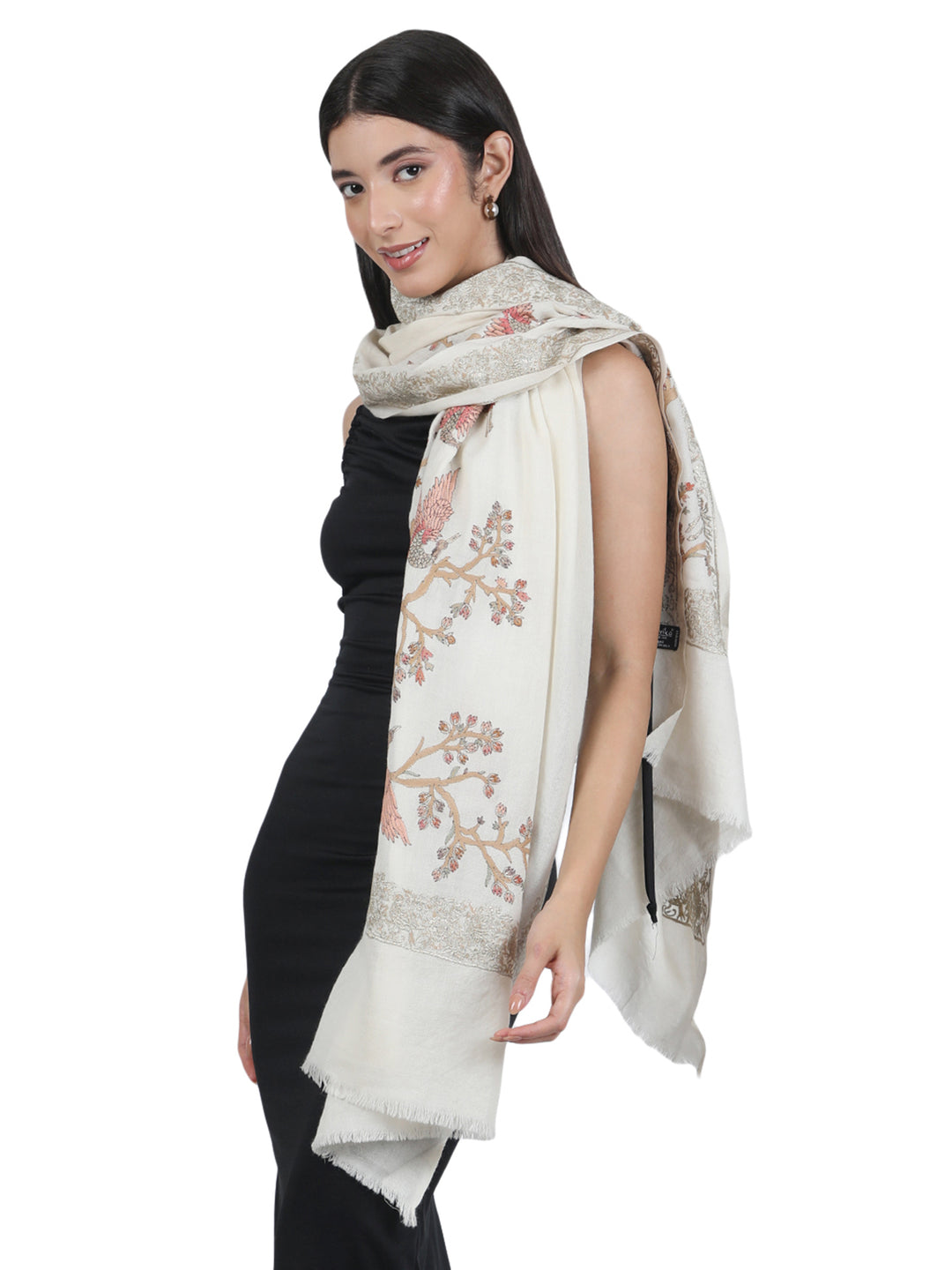 Ivory Bird & Branch Embroidered 100% Fine Wool Stole- 427