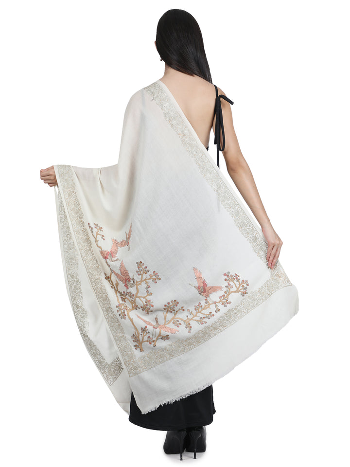 Ivory Bird & Branch Embroidered 100% Fine Wool Stole- 427