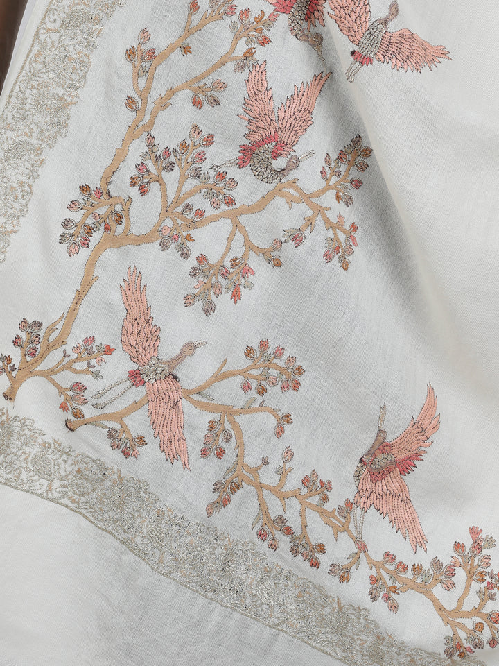 Ivory Bird & Branch Embroidered 100% Fine Wool Stole- 427