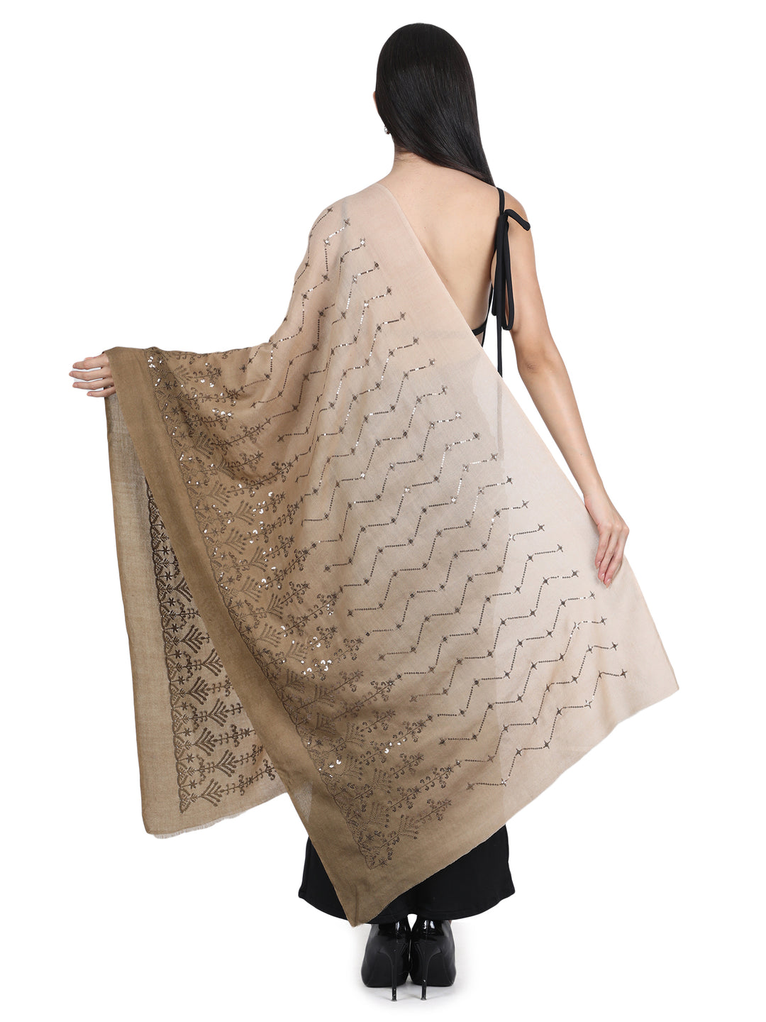 Beige Gold Ombre Sequin 100% Fine Wool Stole - 428