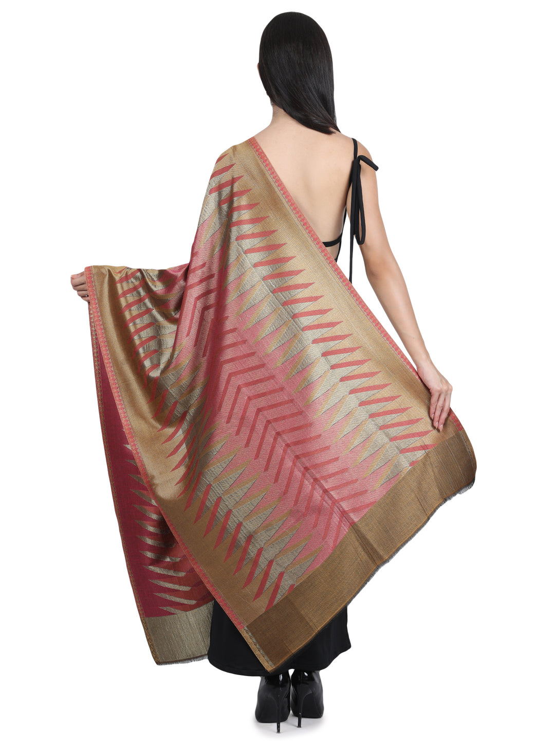 Gold/Red Ikat Zari Mix Wool Stole - 431
