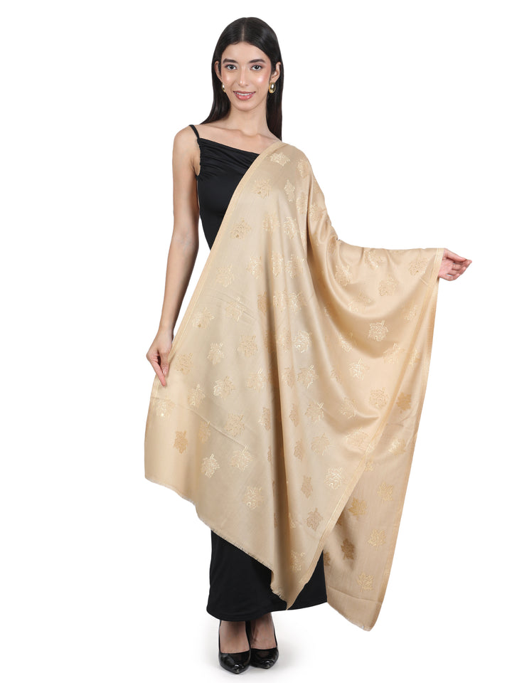 Beige Maple Leaf Modal Wool Stole - 433