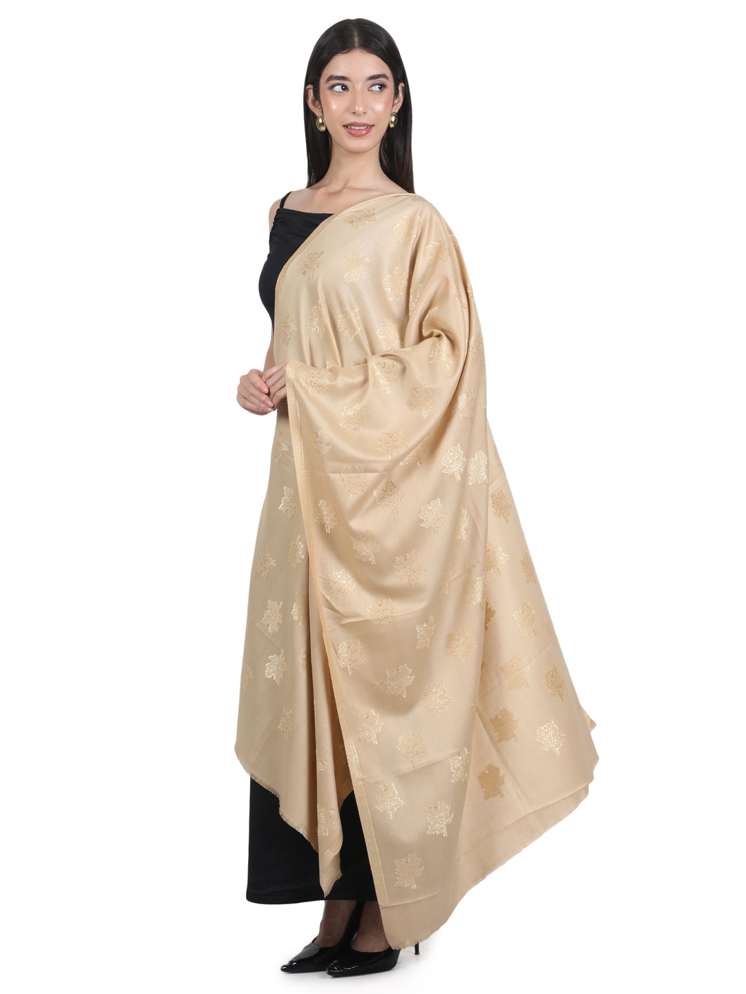 Beige Maple Leaf Modal Wool Stole - 433