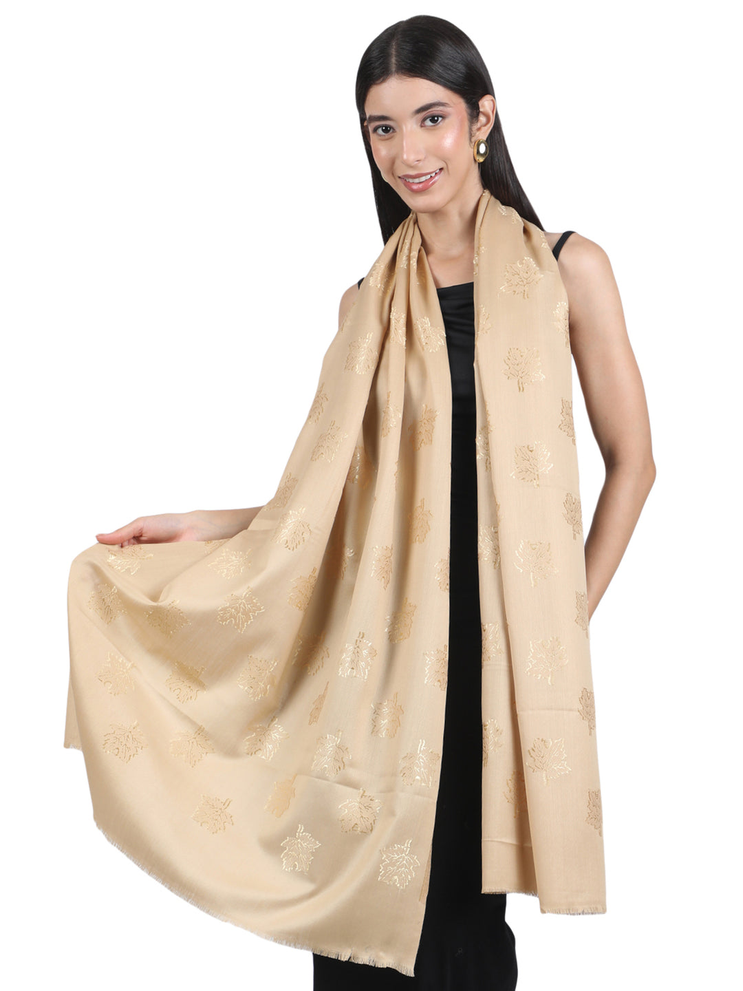 Beige Maple Leaf Modal Wool Stole - 433