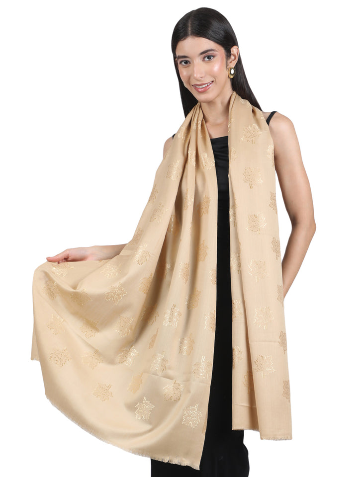 Beige Maple Leaf Modal Wool Stole - 433
