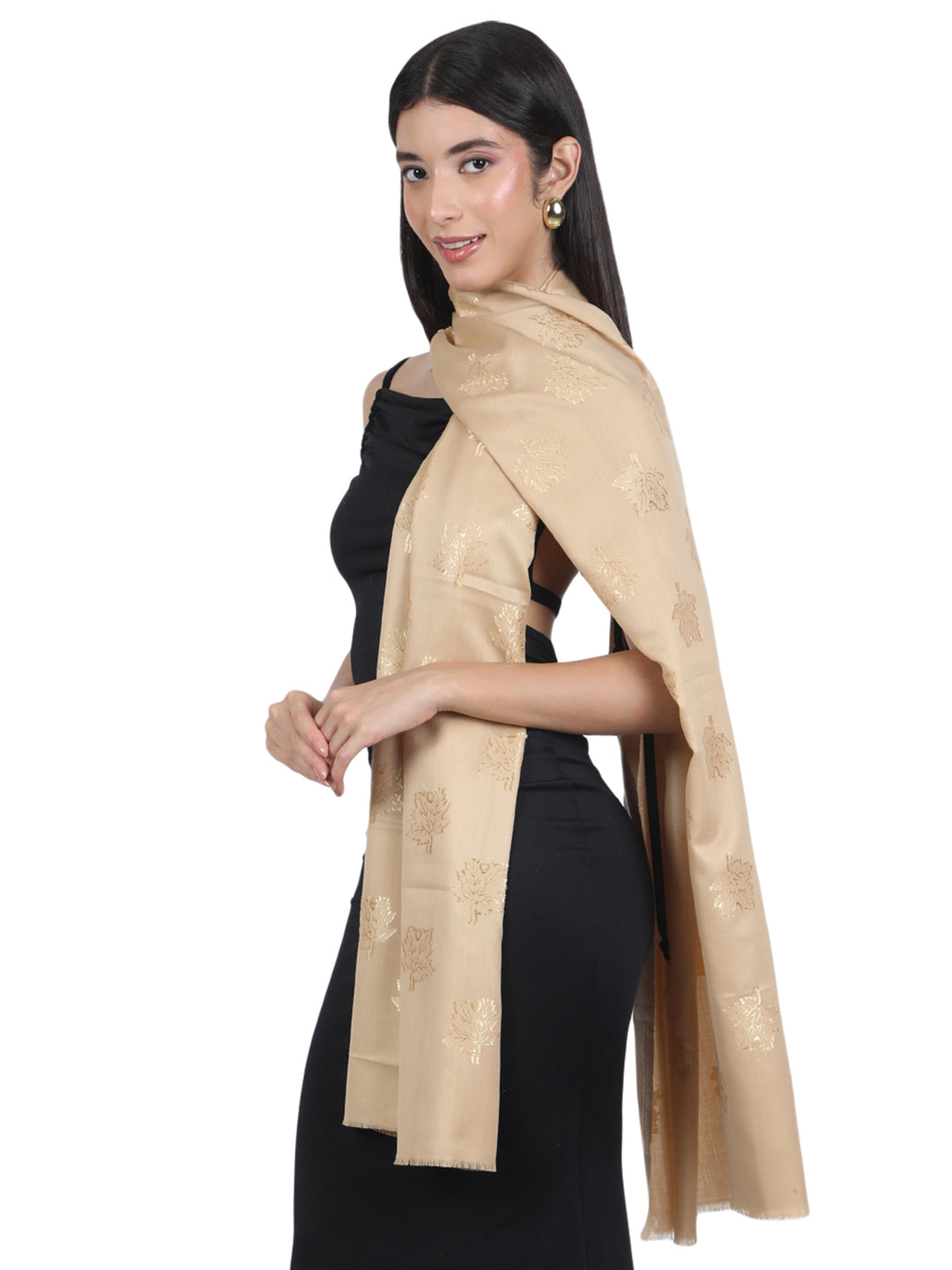Beige Maple Leaf Modal Wool Stole - 433