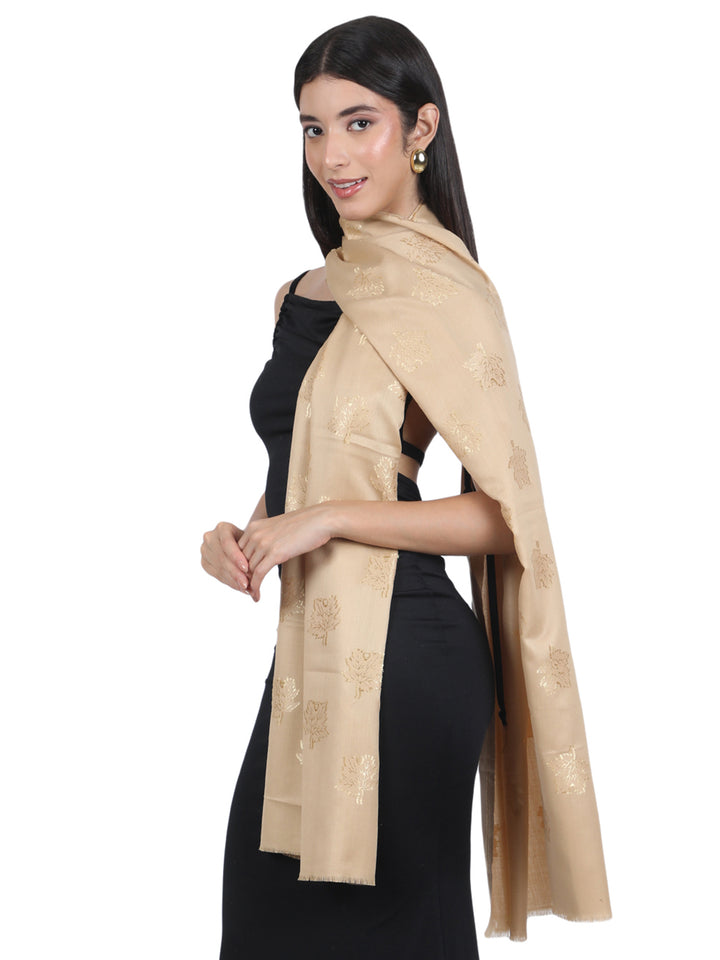 Beige Maple Leaf Modal Wool Stole - 433