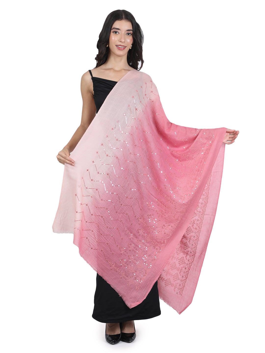 Pink Ombre Sequin 100% Fine Wool Stole - 435