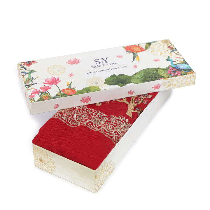 Red Bird & Branch Embroidered 100% Fine Wool Stole- 436