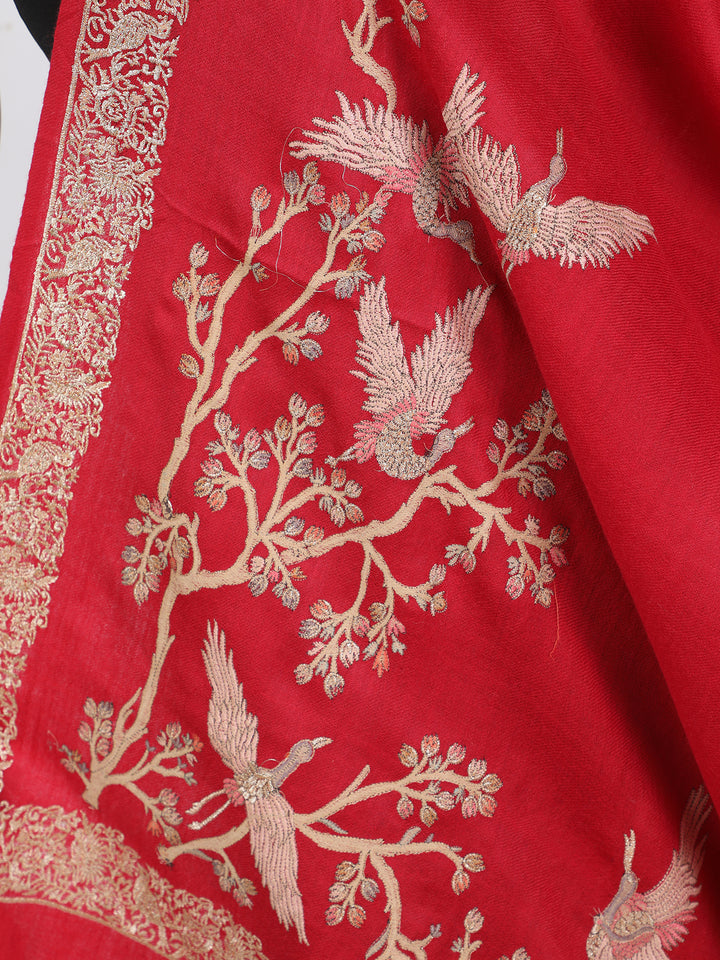 Red Bird & Branch Embroidered 100% Fine Wool Stole- 436