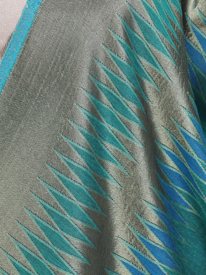 Teal Ikat Zari Mix Wool Stole - 442