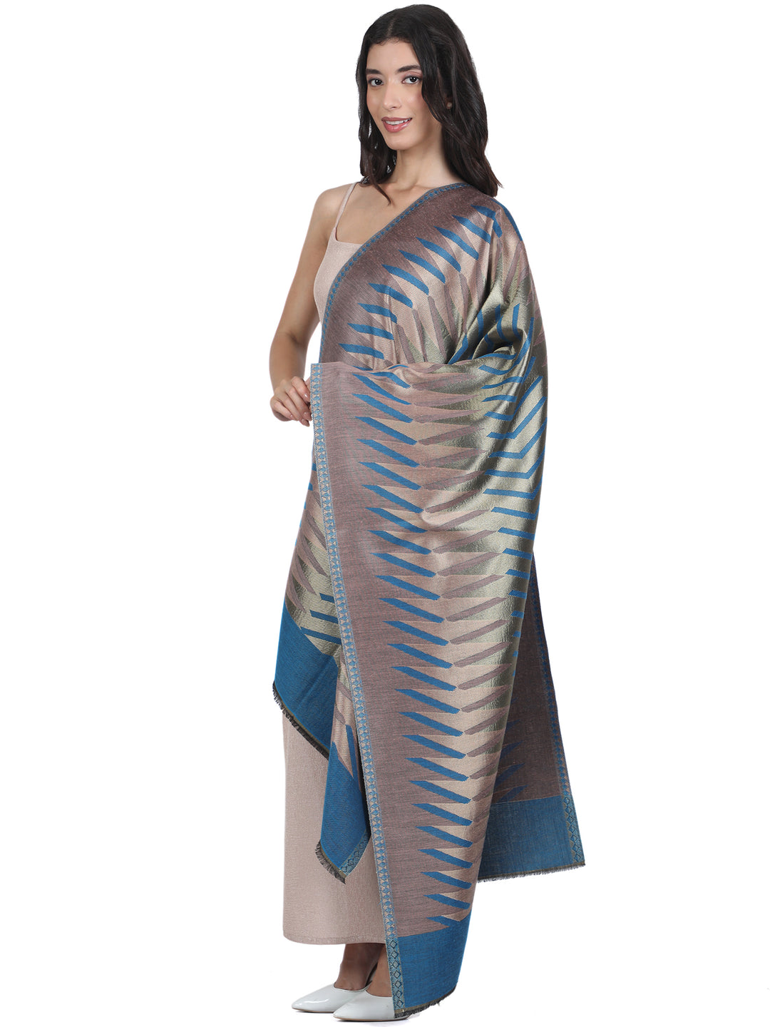 Blue Ikat Zari Mix Wool Stole - 443
